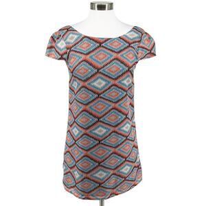 Paraella Womens Geometric Cap Sleeve Sheath Dress Size M Blue Coral Tan